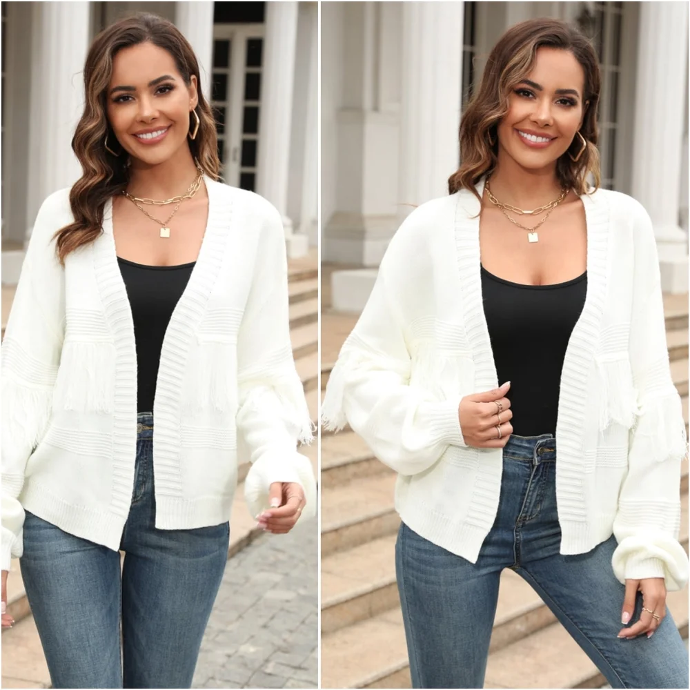 Fringe Trim Open Front Cardigan - White